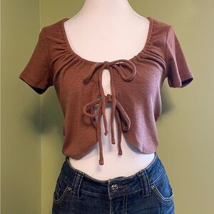 Aeropostale Brown Tie-Front Ribbed Crop Top